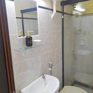 y baño con aseo, lavabo y ducha. en House in Barrio Herrera, en Asunción