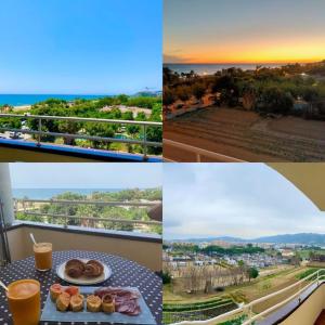 un collage de cuatro fotos con una mesa con donuts y bebidas en Apart. Pineda de Mar-Sea and mountains views en Pineda de Mar