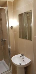 y baño con lavabo, ducha y espejo. en Nice Central Flat Walk to Princes StreetRoyal Mile, en Edimburgo