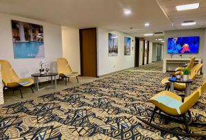 a lobby with chairs and tables on a rug at Ficus Hotel in San Juan