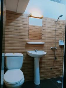 La salle de bains est pourvue de toilettes et d'un lavabo. dans l'établissement Globe-trotter vision B, à Cotonou