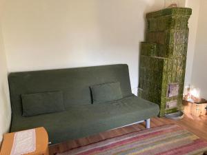 a green couch in a living room with a rug at Gradina Bio AMURTEL 