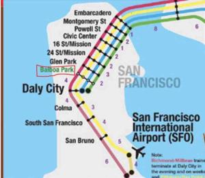 un mapa de San Francisco y el aeropuerto internacional del sar en 2 Bedroom Apartment with Parking near City College of SF en San Francisco