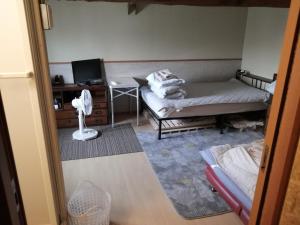 een kamer met een bed en een bureau met een ventilator bij kaeru Guest house in Takamatsu +42 foto's