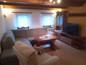 ein Wohnzimmer mit einem Sofa und einem TV in der Unterkunft Ferienwohnung zum Sebnitzer Hirsch in Sebnitz