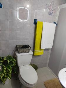 La salle de bains est pourvue de toilettes blanches et d'un lavabo. dans l'établissement Villas De Los Pinos, à Mazamitla