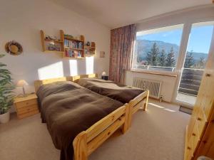 um quarto com uma cama e uma grande janela em Apartment in Bad Mitterndorf - Steiermark 41509 em Bad Mitterndorf