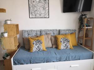 Bett mit Kissen darauf in einem Zimmer in der Unterkunft spacieux logement vieil antibes climatisé 5 minutes plages in Antibes