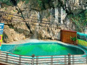 una piscina di acqua verde di fronte a una parete di roccia di Bamboo Hill Villa a Ninh Binh