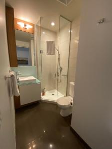La salle de bains est pourvue d'une douche, de toilettes et d'un lavabo. dans l'établissement RivetStays - Quaint 1-Bedroom Steps from CN Tower, MTCC, Union Station, à Toronto