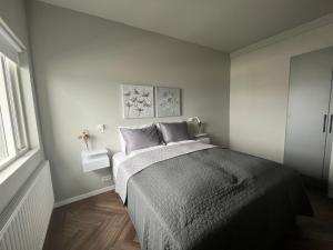 1 dormitorio con 1 cama con manta gris en Iceland SJF Apartments - 503, en Reikiavik