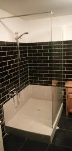 bagno con doccia e piastrelle nere di PETIT APPARTEMENT a Perpignano