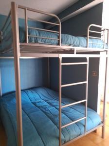 2 beliches num quarto com uma cama azul em Appartement à 100m de la plage 7 nuits minimum haute saison em Sainte-Maxime