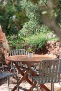 uma mesa de madeira com duas cadeiras e um vaso de plantas sobre ela em בית האלה Home of Ela em Abirim