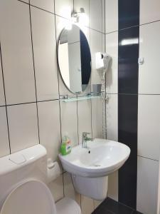 a bathroom with a toilet and a sink and a mirror at Vila Marius 2 Mai in 2 Mai +50 photos