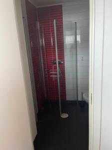 La salle de bains est pourvue d'une douche et de toilettes. dans l'établissement Nära till allt, à Falkenberg