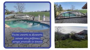 eine Collage mit zwei Bildern von einer Brücke und einem Pool in der Unterkunft Les Salamandres de Beauregard in Cuq-Toulza