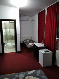 Motel/Hostel Dreams في Novi Travnik: غرفة بسرير وحوض ومرآة