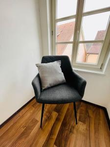 a chair with a pillow in a room with a window at Apartment Rheingold in Schwabach
