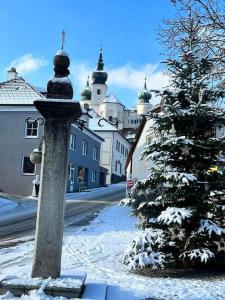 a snow covered christmas tree on a city street at Urlaub in Schlossnähe in Artstetten