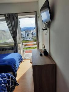 a bedroom with a bed and a tv and a window at Smještaj Bahat in Varaždinske Toplice