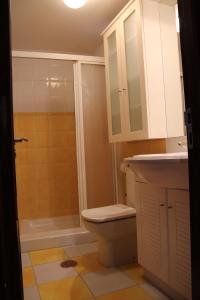 uma casa de banho com um WC, um lavatório e um chuveiro em As Casiñas em Ribadavia