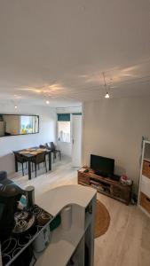 a living room with a kitchen and a table at appartement T2 biscarosse plage in Biscarrosse-Plage