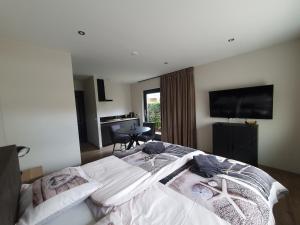 1 dormitorio con 1 cama grande y TV en B&B De Reede, en Urk