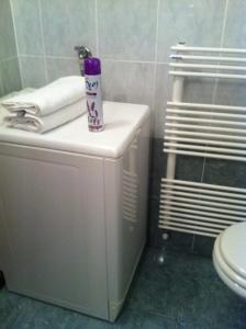 a tube of toothpaste sitting on top of a toilet in a bathroom at Apartment Jadranka in Portorož