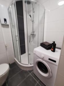 a bathroom with a shower and a washing machine at 2 Zimmer für 3 Personen in Essen in Essen