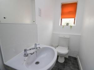 a white bathroom with a toilet and a sink at The Searle in Llandrindod Wells