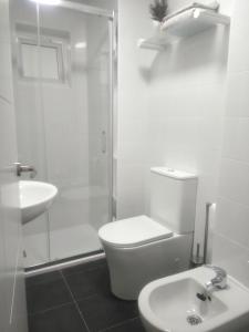 a bathroom with a toilet and a shower and a sink at Sevilla Macarena apartamento 3 dormitorios in Seville