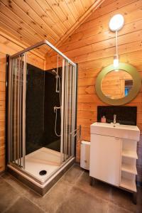 a bathroom with a shower in a wooden wall at Typ D "Midsummer" -Schärenhaus- in Pelzerhaken