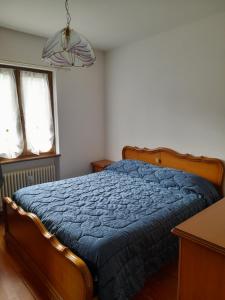 een slaapkamer met een bed met een blauw dekbed en 2 ramen bij Casa Firmina Appartamento Santa Maria Maggiore in Santa Maria Maggiore
