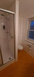 a bathroom with a shower and a toilet at Ephesus am Weserwehr in Drakenburg +16 photos