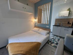 a small bedroom with a bed and a kitchen at Le Studio Pop in Paray-le-Monial