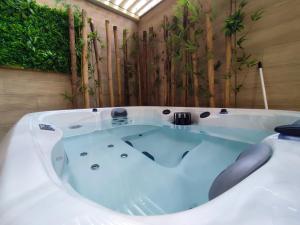 uma banheira de hidromassagem num quarto com bambu em Ocean House em Ovar
