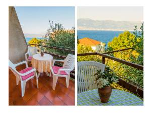 two pictures of a balcony with a table and chairs at Apartment Miranda in Slatine
