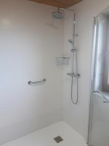 eine Dusche im Bad mit Glastür in der Unterkunft Casa Guillermo in Barreiros
