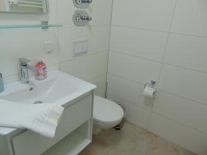 Baño blanco con aseo y lavamanos en Theos, en Hahnenklee-Bockswiese