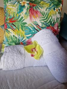 een bed met een kussen en een handdoek erop bij Romantic Casa Rural La Molinera in Santa Lucía