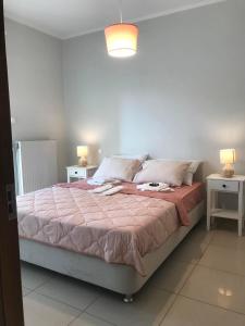 ein Schlafzimmer mit einem großen Bett mit einer rosa Decke in der Unterkunft Golden Coast Panagias Apartment in Volos