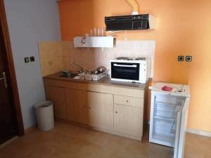 a small kitchen with a microwave on a counter at Villa EnElladi in Neos Pirgos