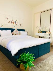 um quarto com uma cama grande e uma planta em Laura's Cozy HOME em Madaba