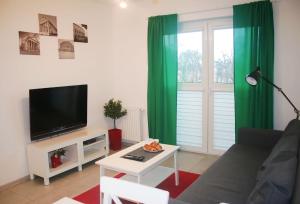 salon z telewizorem i zielonymi zasłonami w obiekcie Apartament Tricolore w Toruniu