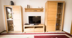 a living room with wooden shelves and a television at Ferienwohnung Richards in Idar-Oberstein