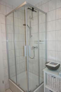a shower with a glass door in a bathroom at Wismarer-Hangar in Wismar +21 photos