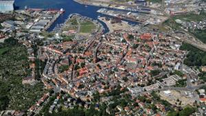 an overhead view of a city with a river at Wismarer-Hangar in Wismar