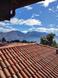 a tile roof with mountains in the background at La Casa delle Zie in Menaggio