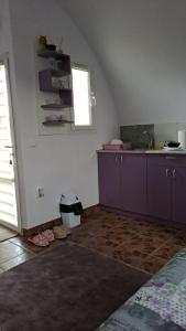 eine Küche mit lila Schränken, einem Waschbecken und einem Fenster in der Unterkunft Yellow story in Vrdnik